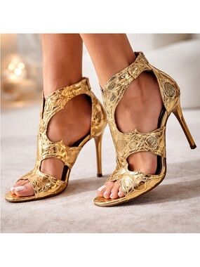 Rupert Sanderson Gold Gladiator Croc Reptile Leaf Print open Toe Heel Sandals